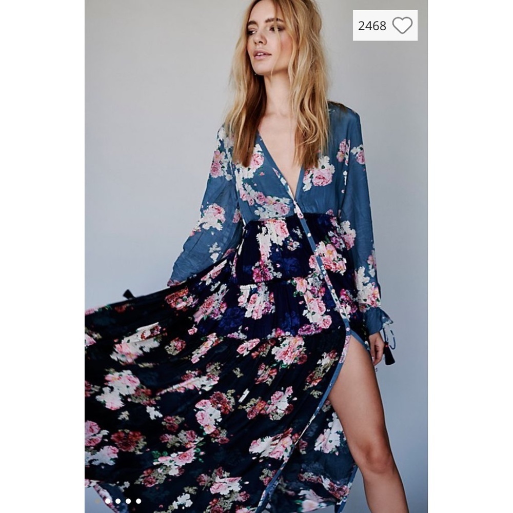 Free People Mixed Floral Maxi Dress in Black Combo XS NWT $350